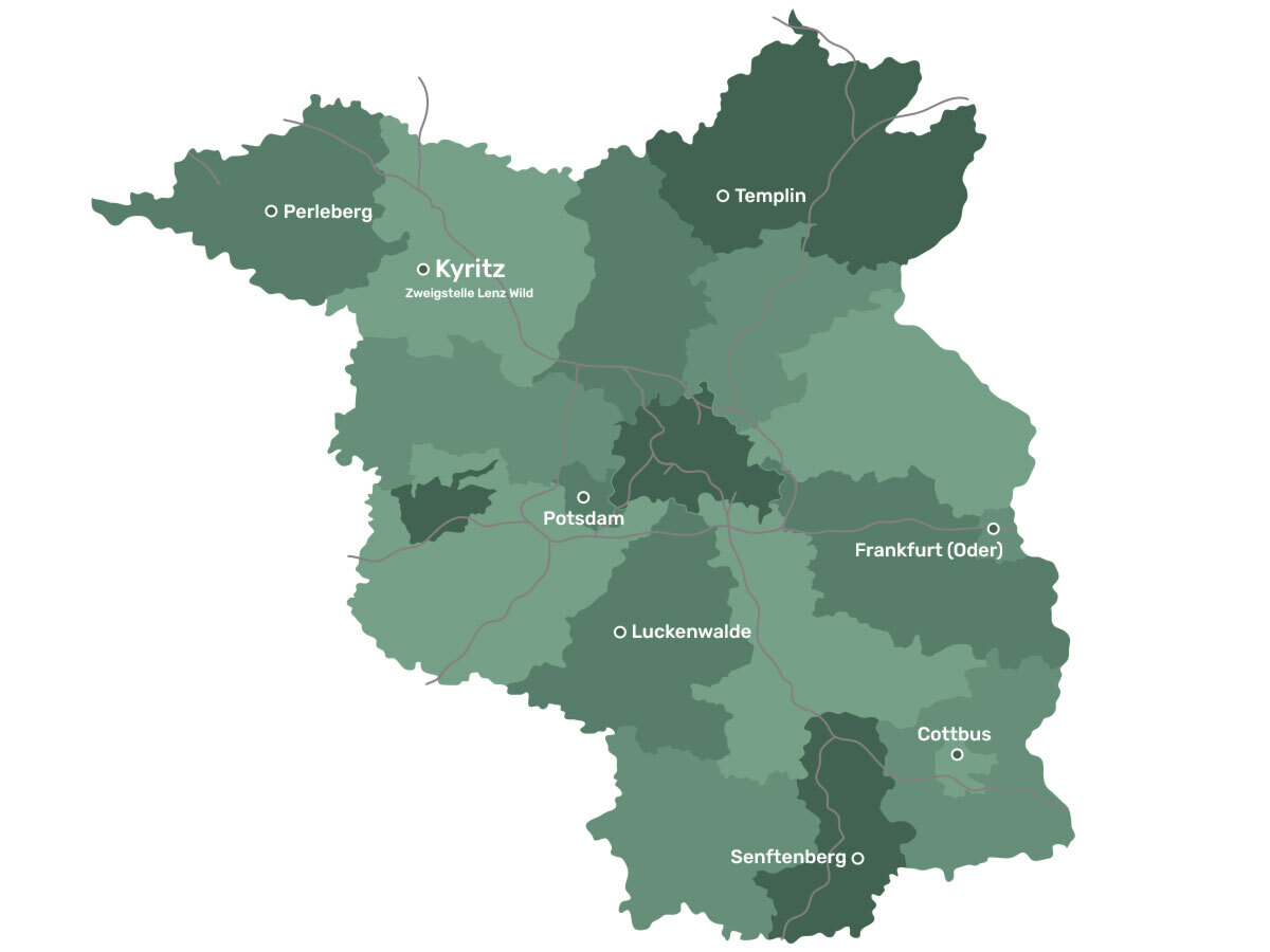 Wildhandel & Wildhändler LENZ WILD – wir kaufen Ihr Wildbret in Brandenburg. Karte von Brandenburg mit dem Wildaufkauf-Gebiet von LENZ WILD