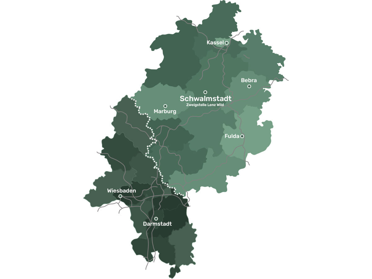 Wildhandel & Wildhändler LENZ WILD – wir kaufen Ihr Wildbret in Hessen. Karte von Hessen mit dem Wildaufkauf-Gebiet von LENZ WILD