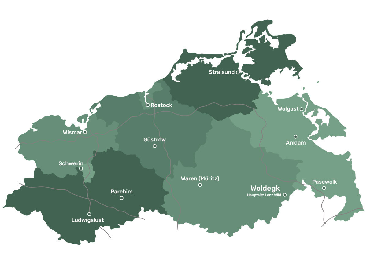 Wildhandel & Wildhändler LENZ WILD – wir kaufen Ihr Wildbret in MV, Mecklenburg-Vorpommern. Karte von MV, Mecklenburg-Vorpommern mit dem Wildaufkauf-Gebiet von LENZ WILD