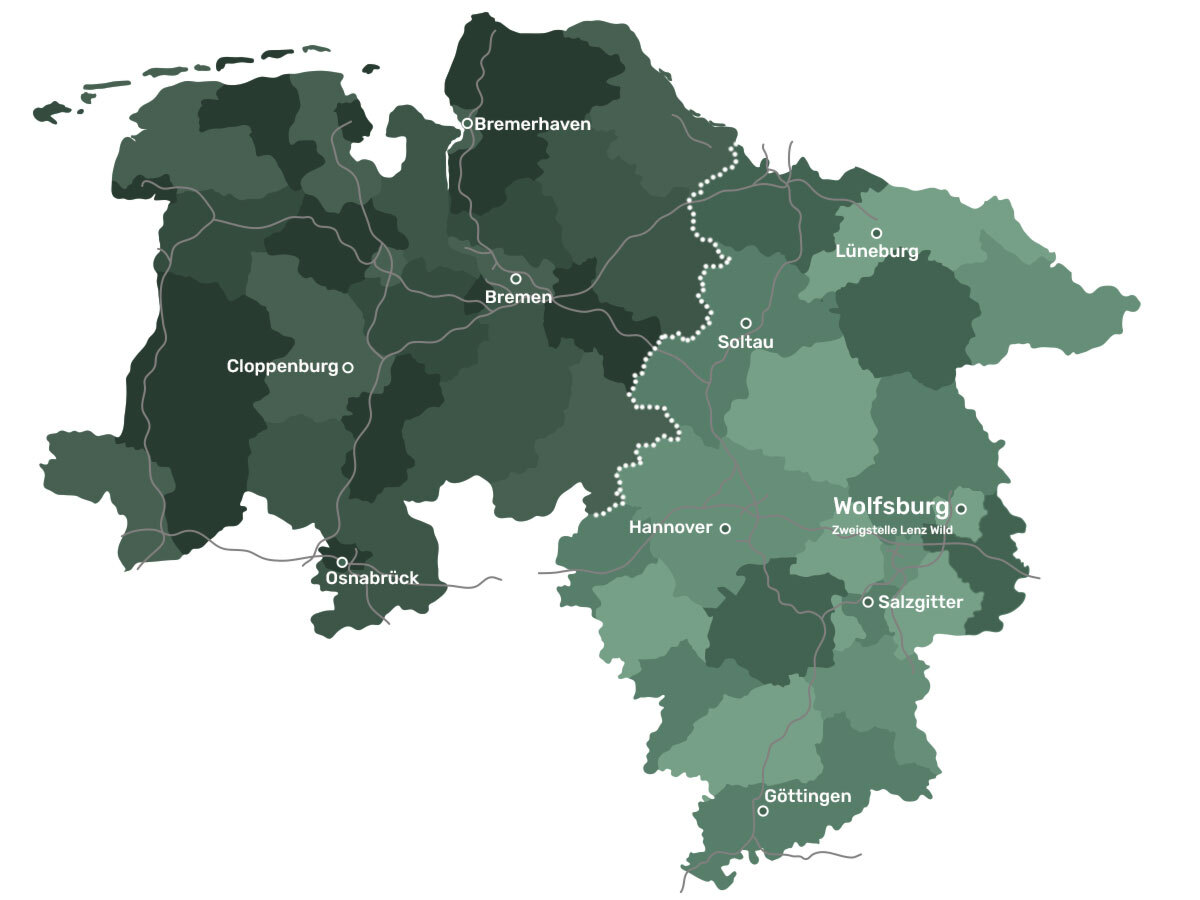 Wildhandel & Wildhändler LENZ WILD – wir kaufen Ihr Wildbret in Niedersachsen. Karte von Niedersachsen mit dem Wildaufkauf-Gebiet von LENZ WILD
