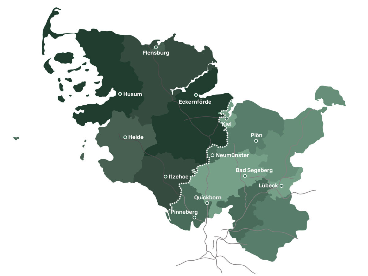 Wildhandel & Wildhändler LENZ WILD – wir kaufen Ihr Wildbret in Schleswig-Holstein. Karte von Schleswig-Holstein mit dem Wildaufkauf-Gebiet von LENZ WILD